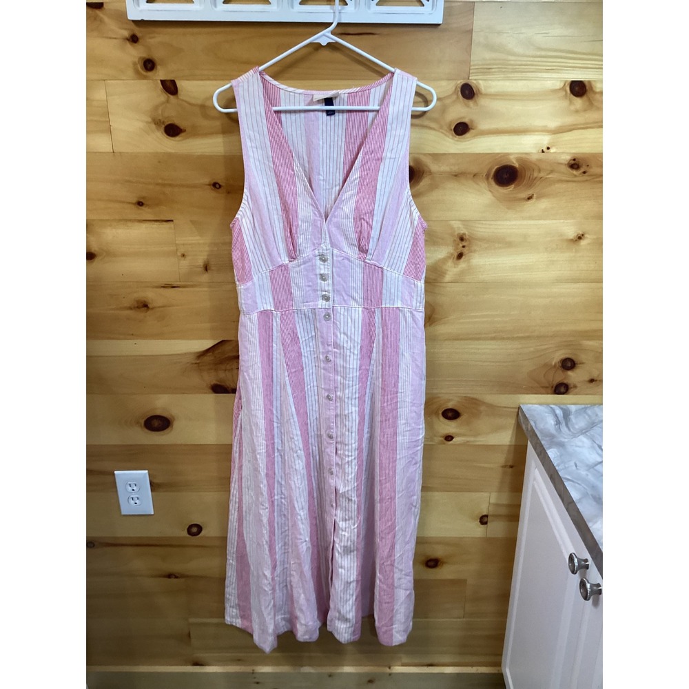Universal Thread Womens Pink Striped Linen Blend Button Front Midi Dress Large